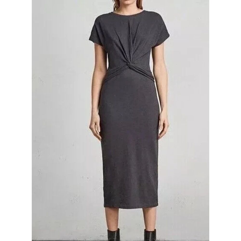 ALLSAINTS Midi Dress Womens Medium Dark Gray Pullover Knotted Stretch PALOMA